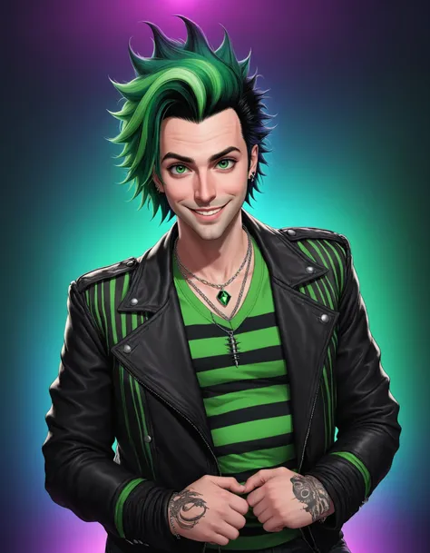 1boy, Lawrence Shoggoth, Beetlejuice, Alex Brightman as Beetlejuice, male focus, solo, gradient hair, multicolored hair, black hair, green eyes, green hair, jewelry, open clothes, jacket, necklace, open jacket, black jacket, shirt, crop top, tattoo, pendant, leather, leather jacket, looking at viewer, wide grin, open mouth, :D, magic, poltergeist vibes, cinematic angle, cinematic lighting, masterpiece, best quality