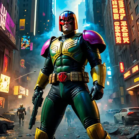 judge dredd, dark fantasy, dynamic pose, superhero,  (ultra-detailed), (masterpiece), (best_quality), (cinematic_lighting), (vibrant_colors)