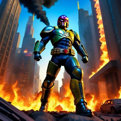 judge dredd, dark fantasy, dynamic pose, superhero, burning city (ultra-detailed), (masterpiece), (best_quality), (cinematic_lighting), (vibrant_colors)