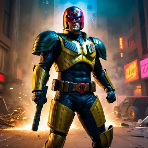 judge dredd, dark fantasy, dynamic pose, superhero, (ultra-detailed), (masterpiece), (best_quality), (cinematic_lighting), (vibrant_colors)