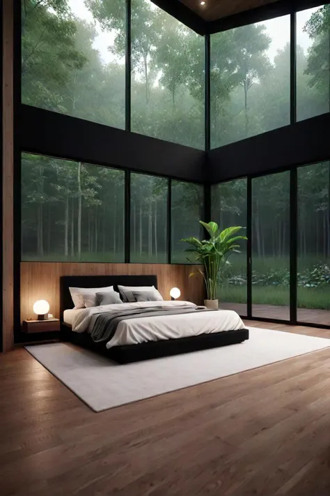 a view of a bedroom with a bed and a plant in the corner, placed in a lush forest, well rendered.:1, exquisite rendering, an award winning digital render, minimalistic house in the wood, build in a forest near of a lake, luxcorerender, serene bedroom setting, pinterest render, large windows to forest at night, dramatic rendering