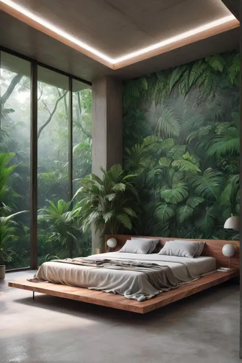 a view of a bedroom with a bed and a plant in the corner, really beautiful forest, world of only concrete, x  x , expensive masterpiece, by rodolfo amoedo, stunning image, in style of realistic, tropical wood, breath taking, xRxRR, 2050, mesmerizing