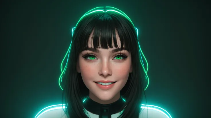 beautiful lady, (freckles), big smile, green hazel eyes, Full Bangs, dark makeup, soft light, head and shoulders portrait, cover,  portrait, sidelighting, neon lighting, neon halo, ,  cinematic angle, masterpiece, best quality,