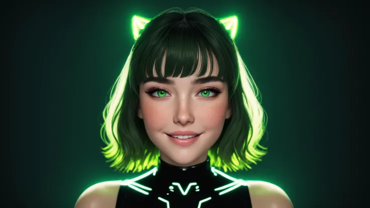 beautiful lady, (freckles), big smile, green hazel eyes, Full Bangs, dark makeup, soft light, head and shoulders portrait, cover, portrait, sidelighting, neon lighting, neon halo, , cinematic angle, masterpiece, best quality