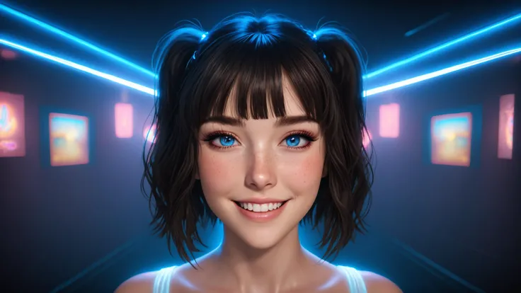 beautiful lady, (freckles), big smile, blue hazel eyes, Full Bangs, dark makeup, soft light, head and shoulders portrait, cover, portrait, sidelighting, neon lighting, neon halo, , cinematic angle, masterpiece, best quality