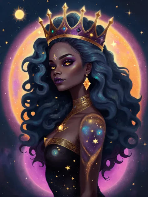 digital painting, celestial, 1girl, woman, evil queen, (huge opulent crown:1.3),(intricate tattoos:1),(makeup:1), bombshell hair, neon sunset hair, curly hair, long hair,Side Part, average figure, (african, dark skin:0.6)<lora:EnvyCelestialXL02:5>