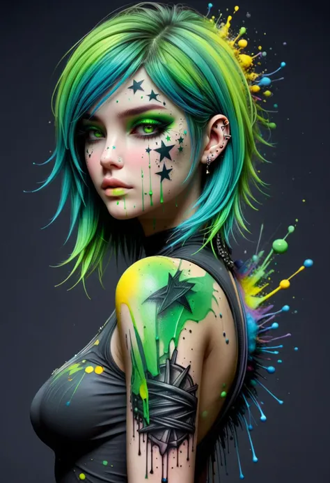 masterpiece, intricate details, female, emo, heavymakeup, star tattoo, green theme ,  <lora:3D_Paint_SDXL:0.8> mad-thrdpnt, paint splashes, colorful