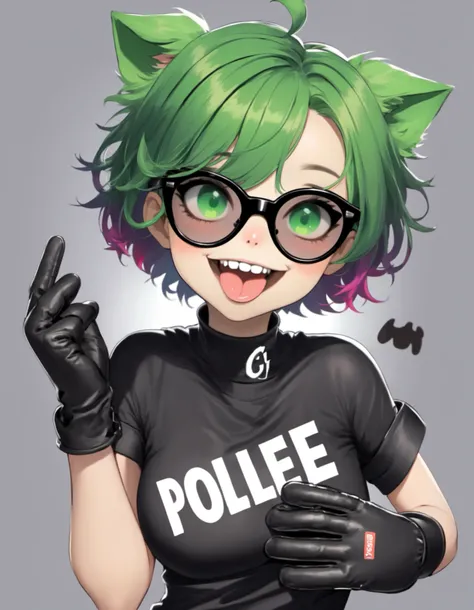 1girl, solo, smile, short hair, open mouth, gloves, holding, upper body, ahoge, green hair, glasses, teeth, tongue, black gloves, tongue out, fingerless gloves, english text, animal, sunglasses, dog, sign, tinted eyewear, holding sign