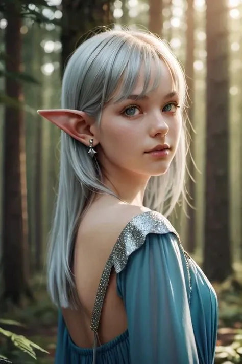 portrait of swedish girl,cute and beautiful face,elf,pointy ears,ear piercing,20yo,silver hair, blue dress,fantasy,forest, looking at viewer, diffused soft lighting, shallow depth of field, sharp focus, cinematic lighting