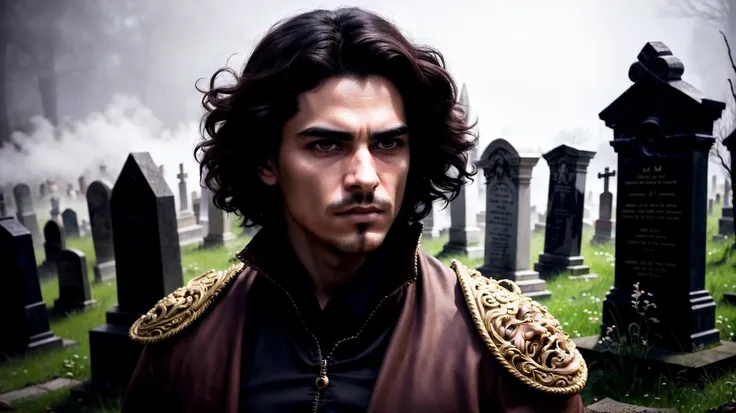 an awarded profesional photography of (1man:1.3) Mesopotamian with grey eyes red eyes eyes and Thin Brows and male Curly Faux Hawk hair hairstyle and clean shavenin light brown color, wearing a Queens costume Skeptical facial expression, arms behind back in A haunting graveyard filled with ornate tombstones and creeping fog by by Massimo Vitali Natural Sunlight,(epic scene:1.3),ultradetialed character with perfect face,detailed skin,(ultrasharp:1.3),(masterpiece:1.1),best quality,(photorealistic:1.2),ultrarealistic,realistic ultradetailed character,4k perfect quality, Long shot, focus on character, <lyco:GoodHands-beta2:1> Magnificent,Imperceptible detail,Intricately designed, (perfect quality face:1.5) hyper-detailed complex, very intricate details, insanely detailed, detailed clothes, detailed skin, detailed body, nice character figure
