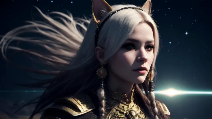 best quality, masterpiece, of a female, dressed as a Oracle, with platinum hair, with a female Dreadlock mohawk hairstyle, wearing a animal ears, close-up, fighting, In a dark abyss where stars are born and cosmic entities dwell,, realistic, concept art, cinematic, volumetric lighting, highly detailed, 8k  with cat  javanese ultradetialed character with perfect face,detailed skin,(ultrasharp:1.3),(masterpiece:1.1),best quality AS-YoungV2,(photorealistic:1.2),ultrarealistic,realistic ultradetailed character,4k perfect quality,<lyco:GoodHands-beta2:1>Magnificent,Imperceptible detail,Intricately designed,