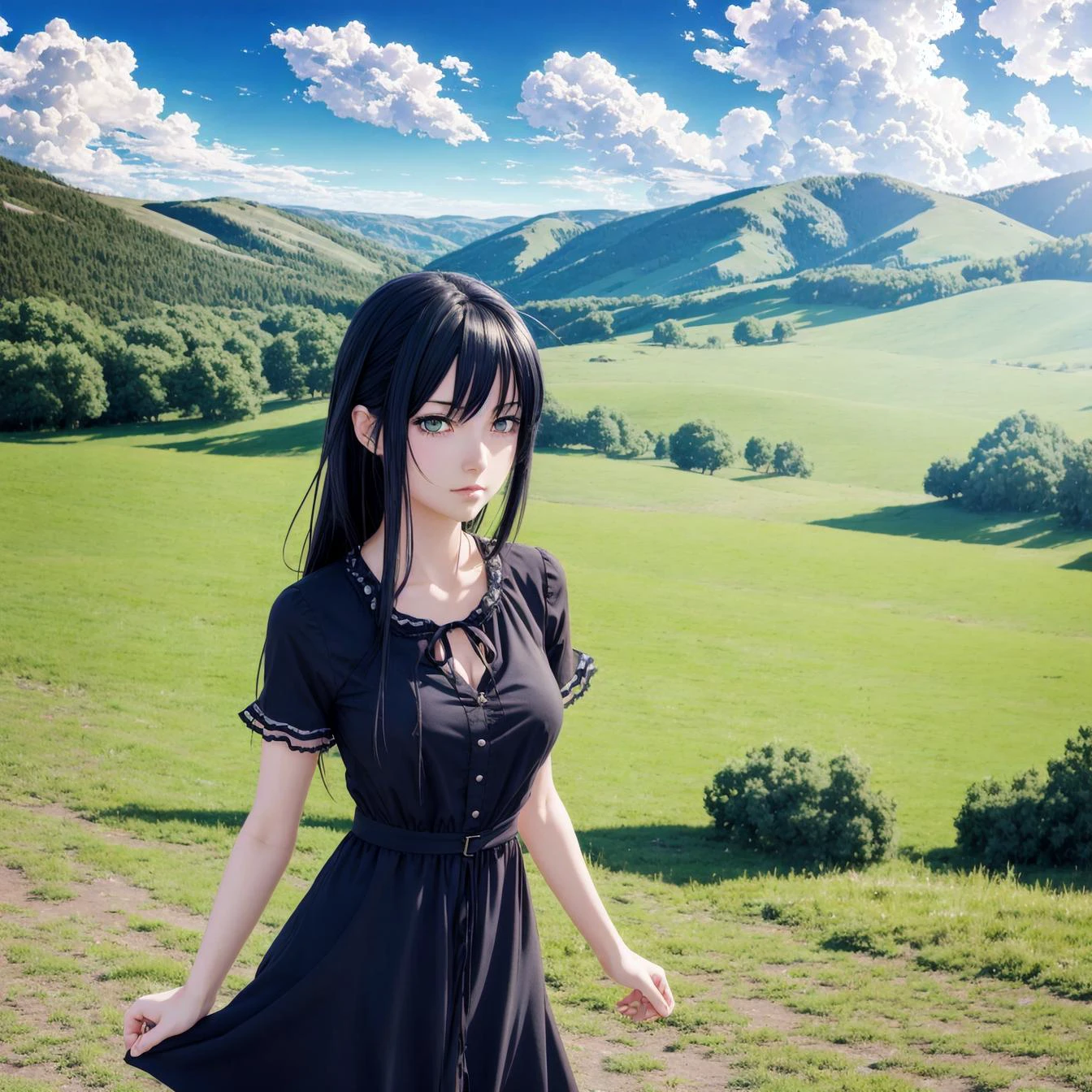 (anime style, 2d, anime coloring), 1girl, cowboy shot, from front, black_hair, darkblue eyes, medium_hair, cloudy, sunny, outdoors, dress, nature, looking at viewer, upper body, beautiful girl, beautiful face, sky background