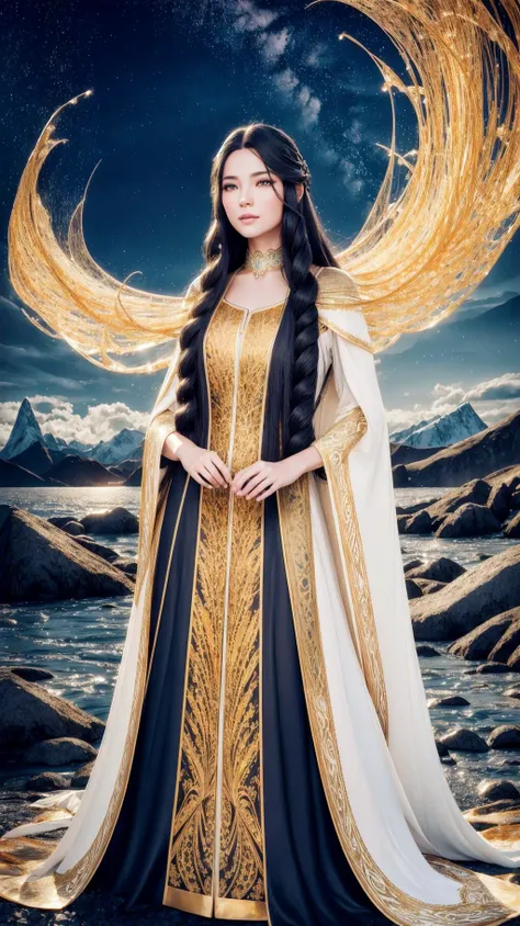 <lora:epiNoiseoffset_v2-pynoise:0.99>,ultra detailed beautiful goddess with long graphite dress with wave blue pattern, super long black hair on wind, celestial, extremely beautiful, elegant, ultra realistic, high detailed, 4K, mountains with snow peaks background, blessed, realistic, photorealistic, fantasy, epic atmosphere, ultra detailed beautiful female goddess with white and gold eyes and mantle, mage robe, long (( honey gold hair)) in wind, full-body, warlock, swirling patterns, mana, celestial, extremely beautiful, elegant, ultra realistic, high detailed, clouds background, blessed, realistic, photorealistic, <lora:add_detail:1>, <hypernet:DPG1Rv0003:0.99>