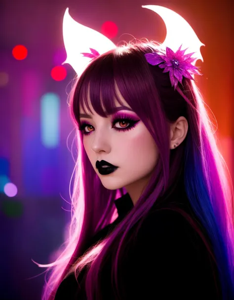 In a beautiful park a fashionable looking woman. She is wearing a very colorful and eye-catching gothic kawaii style, with a fancy make-up and a colorful wig.