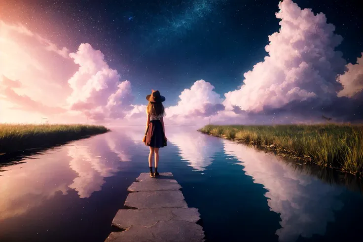 a view of the horizon and a starry sky,  (best quality:1.2),(masterpiece:1.2), (a dark red spiritualistic creature from clouds of gas against the background of a dark deep void:1.2), (darkness:1.2), abstraction, abyssopelagic, girl standing in a puddle,abyss background, red theme, perfect shadows, perfect reflections, ray tracing, red highlights, red glow, reflective, poor lighting, ancient city, midnight, rain,<hypernet:K4TG1Rv1.12-300:1>