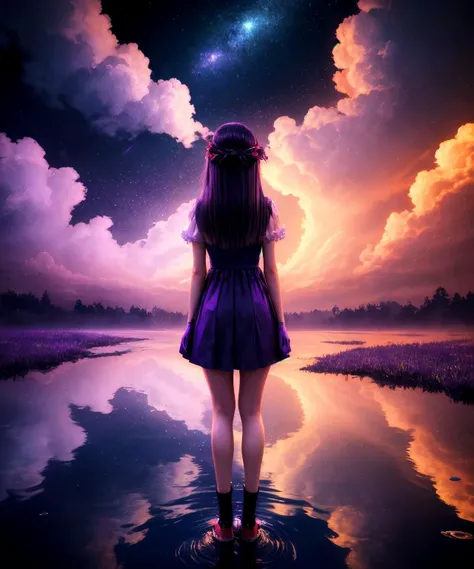 a view of the horizon and a starry sky,  (best quality:1.2),(masterpiece:1.2), (a dark purple spiritualistic creature from clouds of gas against the background of a dark deep void:1.2), (darkness:1.2), abstraction, abyssopelagic, girl standing in a puddle,abyss background, red theme, perfect shadows, perfect reflections, ray tracing, red highlights, red glow, reflective, poor lighting, ancient city, midnight, rain,<hypernet:K4TG1Rv1.12-300:1>