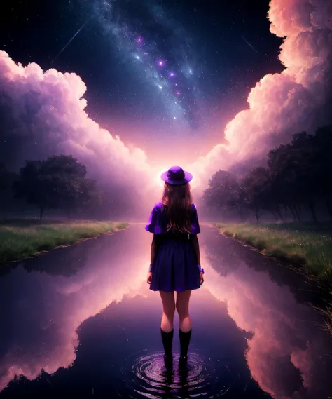 a view of the horizon and a starry sky,  (best quality:1.2),(masterpiece:1.2), (a dark purple spiritualistic creature from clouds of gas against the background of a dark deep void:1.2), (darkness:1.2), abstraction, abyssopelagic, girl standing in a puddle,abyss background, red theme, perfect shadows, perfect reflections, ray tracing, red highlights, red glow, reflective, poor lighting, ancient city, midnight, rain,<hypernet:K4TG1Rv1.12-300:1>