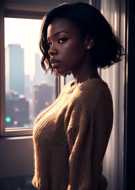 (Beauty shot:1.3) photo of a beautiful 21 year old black woman, wearing a sweater, looking pensively out a window, upper body framing, in a luxurious loft, soft lighting, from a low angle, on a Sony A7111, with a (bokeh effect:1.3),(in the style of Liam Wong:1.4)
<hypernet:DPG1Rv0003:0.3>