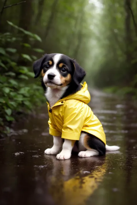 tiny cute (happy1.4) puppy in a (yellow raincoat1.3) in the woods, rain, a character portrait, Tilt-shift, bokeh,