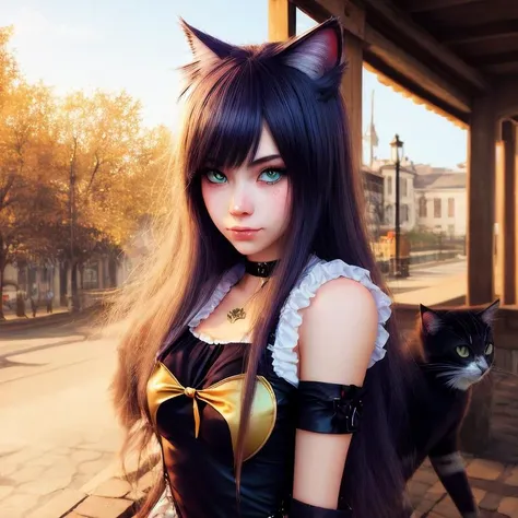 (Best Quality, 8K, Masterpiece, HDR, Soft Lighting, Picture Perfect, Realistic, Vivid), (woman, red hair, brown eyes, cat ears, close to man)( man, male, black hair, blue eyes, Man with cat ears, get ear) woman and man, cat ears, couple, (((full size figure))) Eyes looking at camera (with long red hair, long bangs, Forehead, smile, seductive, anime character portrait inspired) color difference, depth of field, dramatic shadow, ray tracing, best quality, highly detailed CG, 8K wallpaper, [Carefully rendered hair [Read more about beautiful and shiny hair]] ,(Perfect hand detail [ Beautiful fingers without breakage [Beautiful nails]],(Perfect anatomy (Perfect proportions)) [[Resembles the whole body]],[Perfect color coordination (Accurate imitation of the interaction of light and material)], [Fine art, conveying the meaning of the story]