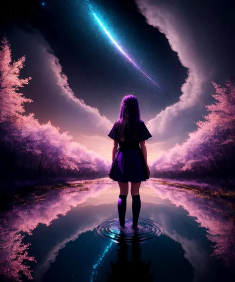 a view of the horizon and a starry sky, (best quality:1.2),(masterpiece:1.2), (a dark purple spiritualistic creature from clouds of gas against the background of a dark deep void:1.2), (darkness:1.2), abstraction, abyssopelagic, girl standing in a puddle,abyss background, red theme, perfect shadows, perfect reflections, ray tracing, red highlights, red glow, reflective, poor lighting, ancient city, midnight, rain,<hypernet:K4TG1Rv1.12-300:1>