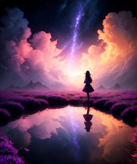 a view of the horizon and a starry sky, (best quality:1.2),(masterpiece:1.2), (a dark purple spiritualistic creature from clouds of gas against the background of a dark deep void:1.2), (darkness:1.2), abstraction, abyssopelagic, girl standing in a puddle,abyss background, red theme, perfect shadows, perfect reflections, ray tracing, red highlights, red glow, reflective, poor lighting, ancient city, midnight, rain,<hypernet:K4TG1Rv1.12-300:1>