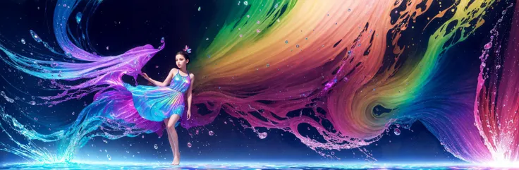 abstract dark fluid art, (black, gold and marble:0.6), (splash:1.2), swirls, flow, dynamic, expressive, intricate, muted colors, (contrast:1.2)
masterpiece, best quality, absurdres, illustration, watercolor,1girl,young girl with butterfly wings, in water, solo, long hair, dress, skirt hold, , sleeveless, barefoot, bare shoulders, standing,, outdoors, cloud, sky, water, water splashes, rainbow,(tight dress:0.5),(blue, red, pink, flower clusters) ((iridescence holographic Clothing:1.3))