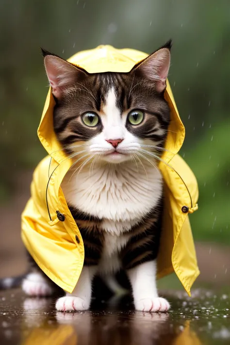 tiny cute (happy1.4) cat in a (yellow raincoat1.3) in the woods, rain, a character portrait, Tilt-shift, bokeh, <hypernet:K4TG1Rv1.12-300:0.6>