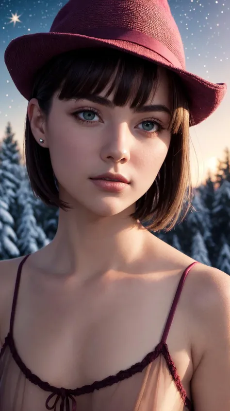 <lora:epiNoiseoffset_v2-pynoise:0.99>Cotton, soft, Hockney, Magenta Sheer Babydoll with Satin Trim, Athletic, Round Face, Caramel Skin, Long Nose, Thin Lips, Sharp Chin, Burgundy metallic lipstick, hat, chestnut Coarse Hair Pixie Cut Bangs, with a star-filled sky in the background, frosted pinecone in the foreground, beautiful body, Beautiful Nose, Beautiful character design, perfect eyes,perfect face, alluring, wallpaper,perfect lighting, Colorful,ultra highres, photography, 8K, HDR,
<lora:add_detail:1>