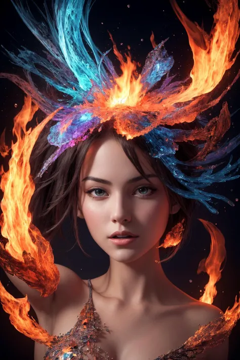 (masterpiece, top quality, best quality, official art, beautiful and aesthetic:0.9), (1girl), extreme detailed,(abstract, fractal art:0.9),colorful,highest detailed, fire, water, ice,