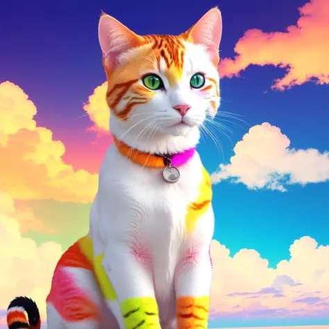 multicolored adult big white black, yellow, orange and pink feline, multicolored crazy sky as background, ((((Polychrome)))), ((colorful)) (((feliner))), ((anime style)), masterpiece, best quality, high contrast