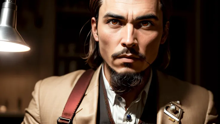 an awarded profesional photography of (1man:1.3) Byzantine with orange eyes pink eyes eyes and Thin Brows and male thick beard hairstyle and Jack Sparrow beardin light blonde color, he wear suit with cufflinks and messenger bag Suspicious facial expression, contrapposto in laboratory by Mark Fearnley Ambient Lighting,(epic scene:1.3),ultradetialed character with perfect face,detailed skin,(ultrasharp:1.3),(masterpiece:1.1),best quality,(photorealistic:1.2),ultrarealistic,realistic ultradetailed character,4k perfect quality, Medium long shot, focus on character, <lyco:GoodHands-beta2:1> Magnificent,Imperceptible detail,Intricately designed, (perfect quality face:1.5) hyper-detailed complex, very intricate details, insanely detailed, detailed clothes, detailed skin, detailed body, nice character figure
