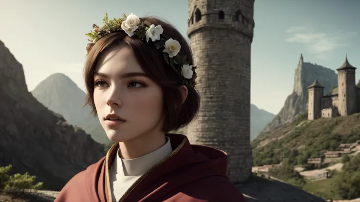 best quality, masterpiece, of a male, dressed as a Priest, with brown hair, with a male Undercut with geometric patterns hairstyle, wearing a wreath, portrait, sat, In a towering mountain fortress, home to a clan of warrior monks,, realistic, concept art, cinematic, volumetric lighting, highly detailed, 8k with cat tiffanie ultradetialed character with perfect face,detailed skin,(ultrasharp:1.3),(masterpiece:1.1),best quality AS-YoungV2,(photorealistic:1.2),ultrarealistic,realistic ultradetailed character,4k perfect quality,<lyco:GoodHands-beta2:1>Magnificent,Imperceptible detail,Intricately designed,