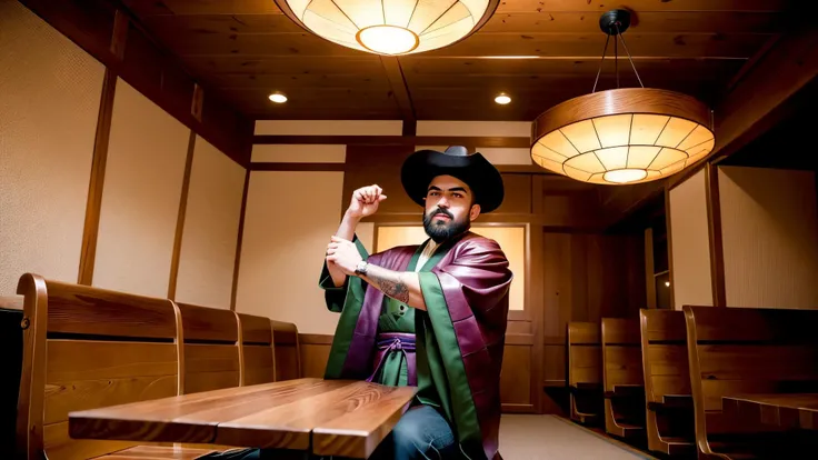 an awarded profesional photography of (1man:1.3) Mexican with red eyes green eyes eyes and Thick Brows and male Straight Taper Fade with Beard hair hairstyle and short beardin purple color, he wear samurai outfit and cabbie hat enthusiastic, claw pose in Main Seating Area: The main seating area is characterized by plush leather booths and wooden tables. The space is carefully arranged to create an intimate yet open ambiance. Soft, warm lighting fixtures hang from the ceiling, casting a gentle glow over the patrons below. The walls are painted in earthy tones, creating a soothing atmosphere. by Anthony Million Incandescent Lighting,(epic scene:1.3),ultradetialed character with perfect face,detailed skin,(ultrasharp:1.3),(masterpiece:1.1),best quality,(photorealistic:1.2),ultrarealistic,realistic ultradetailed character,4k perfect quality, Cowboy shot, focus on character, <lyco:GoodHands-beta2:1> Magnificent,Imperceptible detail,Intricately designed, (perfect quality face:1.5) hyper-detailed complex, very intricate details, insanely detailed, detailed clothes, detailed skin, detailed body, nice character figure