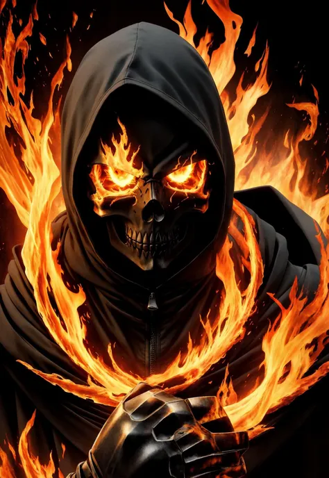 (anime style, 2d, anime coloring),solo, green eyes, skeleton 1girl, upper body, girl focus, skull face, hood, mask, skeleton head, glowing, fire, black background, gauntlets, cloak, 1other, hood up, 1girl, cowboy shot, from front, (masterpiece, top quality, best quality, official art, beautiful and aesthetic:0.9), (1girl), extreme detailed,(abstract, fractal art:0.9),colorful,highest detailed, fire, water, ice,