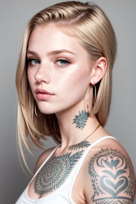 a three-quarter view of a 18yo blond woman looking sideway with hi-top fade, enhanced femininity, dark theme, soothing tones, muted colors, (excessively defined variated skin texture, hyperrealistic, diffused light), clustered, authentic eye iris, (normal exposure:1.4)
solo, 1girl, brown_hair, looking_at_viewer, simple_background, grey_background, realistic, lips, tattoo, portrait, freckles, big tattoo all over enter face, long_hair, closed_mouth, mole, grey_eyes, hoop_earrings,