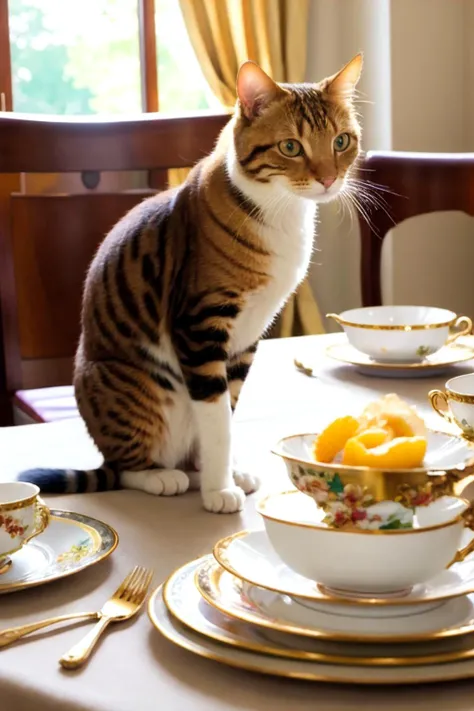 highres, masterpiece|best quality, ultra-detailed 8k wallpaper, (extremely clear)|(realistic:0.7|reflections:0.4),
cat sitting at a fine dining table, wearing a tiny crown, crystal and porcelain plateware wealthy luxurious opulent mansion
f/1.4 200mm zoom depth of field ultra sharp photograph, (bright morning sunlight shining:1.2) (masterpiece:1.2) (photorealistic:1.2) (bokeh) (best quality) (detailed skin) (intricate) (8k) (HDR) (cinematic lighting) (sharp focus)