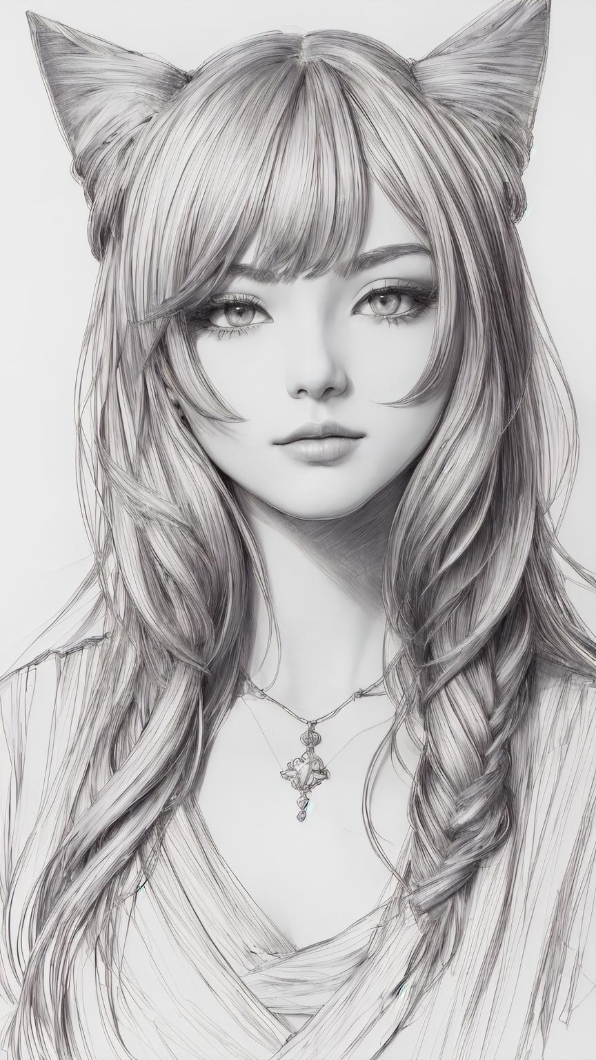 A drawing of a girl with long hair and cat ears - SeaArt AI