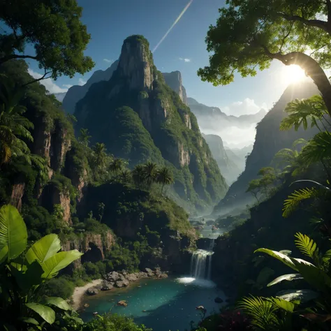 Highly detailed cinematic film still, wide angle landscape shot, otherworldly dark fantasy jungle world,villages, creatures, (lush vegetation), (mountains:1.1), (god rays:0.4), dense alien jungle, toned body, (highly detailed, hyperdetailed, intricate), (lens flare:0.4), (bloom:0.5), particle effects, cinematic lighting, (soft lighting:0.6), prominent projected shadows, deep depth of field, (film grain:0.5), photographed on a Leica SL (Typ 601) Mirrorless Digital Camera, 50mm wide angle lens, F2.8 aperture, deep focus, (RAW), cinematic film still from Avatar