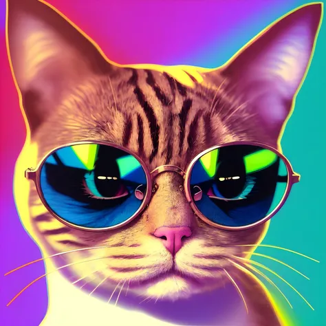 "Artistic Image Type: Digital Illustration, {A captivating image of a cat wearing glasses, with the glasses reflecting a world full of yarn balls}, Art Styles: Pop Art, Art Inspirations: Andy Warhol, Camera: Macro Lens, Shot: Close-up, Render Related Information: (bright colors:1.2), (highly detailed:1.3), (sharp focus:1.2)"