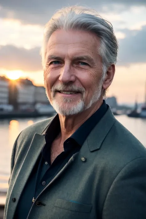 RAW photo, 8k UHD, high detailed skin, handsome german hippie, 72yo, bavarian man, green eyes, rule of thirds, masterpiece, photography, ultra realism, realistic, outdoors, golden hour, portrait, smiling, grey short hair, rocker style, DoF, (Hamburg:1.1), harbor, sky, clouds, soft lighting, ( highly detailed skin:0.7),(film grain:1.3), 8k uhd, dslr, soft lighting, high quality, HDRI, Fujifilm XT3