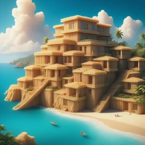 (masterpiece, best quality, ultra-detailed, finely detailed, photorealistic), a meticulously detailed professional illustration, a seaside Mexican mayan riviera with harbor, beautiful sky, overlook the sea, detailed background, depth of field, like a cover of a travel magazine, a spaghettify house,<lora:Spaghettify:0.8>