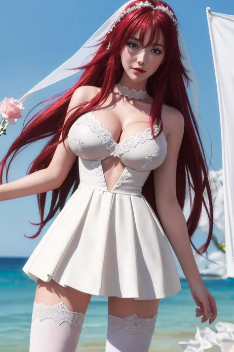 Anna Semenovich. Pelo rojo. cabello largo y rizado. gargantilla. small breasts. caderas gigantescas. loli. arco. vestido de novia de flores. Botas hasta el muslo