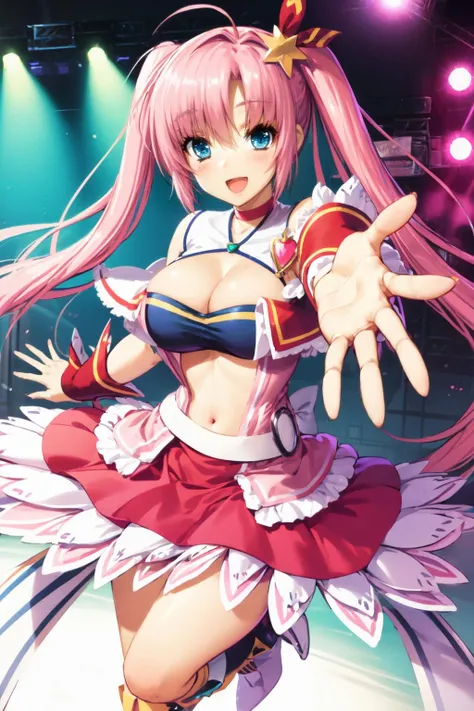 miyuidol, 1girl, solo, star (symbol), hair ornament, choker, dress, cleavage, bare shoulders, smile, blush, closed mouth, stage lights, sweat, heart brooch, stage <lora:miyucas_V3-10:0.8>