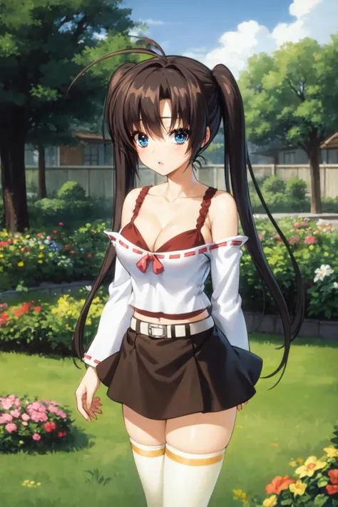 miyucas, 1girl, solo, camisole, off-shoulder shirt, belt, skirt, white thighhighs, cleavage, antena hair, cowboy shot, parted lips, garden <lora:miyucas_V3-10:0.7>