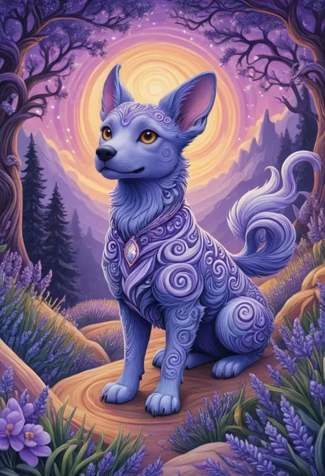 very detailed Infernal Pet, awesome appearance, magical landscape with enchanted elements, fantasy art style, lavender theme, intricate details, ultra sharp, exquisite detail, flawless composition, vivid colors, masterpiece, exciting background <lora:novuschroma66 style_:1> novuschroma66 style swirl patterns