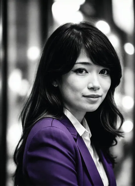 candid RAW close up portrait photo of sks woman in a (purple colored suit:1.0) on a dark street with shopping windows (at night:1.2), bokeh, Ilford Delta 3200 film, dof, high definition, detailed, intricate, flashlight, <lora:locon_emiru_v1_from_v1_64_32:1.25>