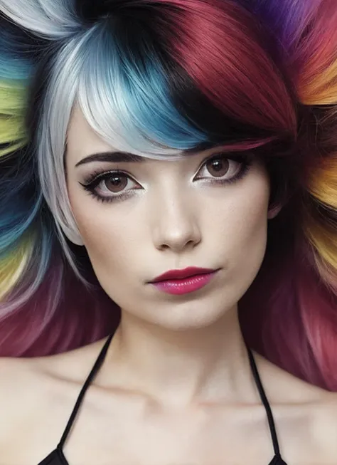 portrait of sks woman by Flora Borsi, style by Flora Borsi, bold, bright colours, rainbow Mohawk haircut, ((Flora Borsi)), <lora:locon_emiru_v1_from_v1_64_32:1.25>