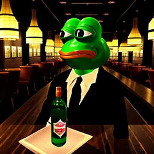 a photo of pepereal dressed like a 1930s gangster in an expensive restaurant with a bottle of whiskey on the table