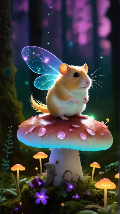 A whimsical fairy with iridescent wings, wearing a dress made of flower petals, sitting on a giant mushroom in an enchanted forest, surrounded by glowing fireflies A mad scientist hamster in a tiny lab coat, conducting bizarre experiments with miniature beakers and test tubes in a secret lab